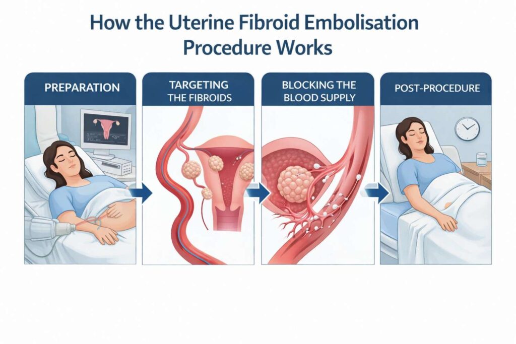 Steps of uterine fibroid embolisation procedure showing preparation, treatment, and recovery