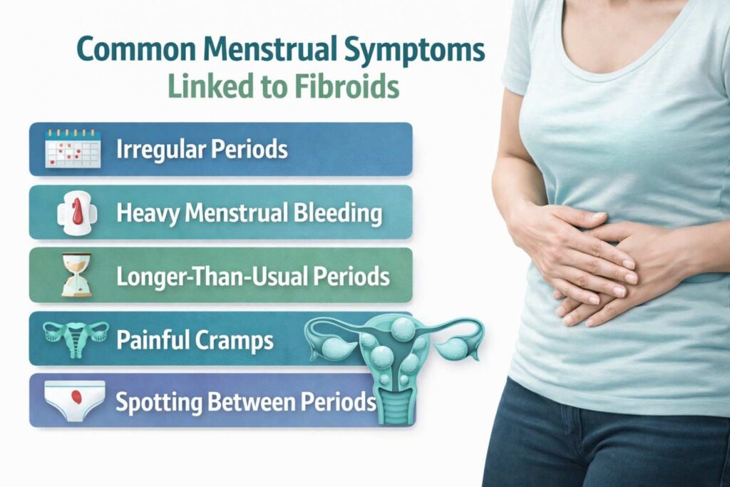 Infographic showing common menstrual symptoms of fibroids with woman holding lower abdomen on white background