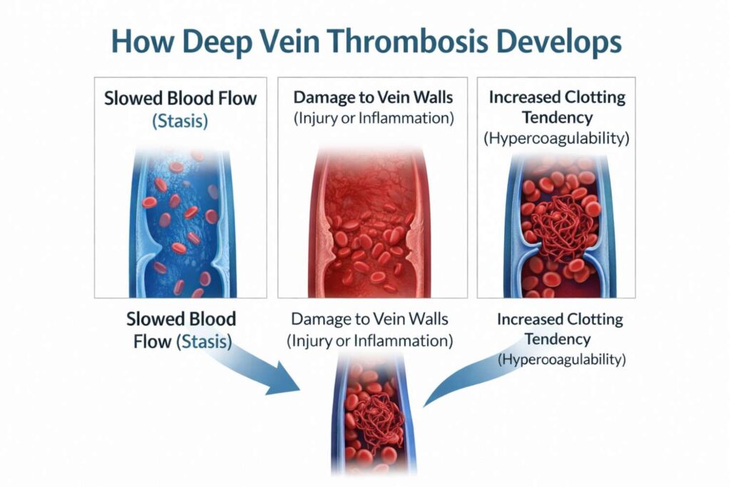 Diagram showing causes of deep vein thrombosis including slowed blood flow, vein damage, and increased clotting tendency