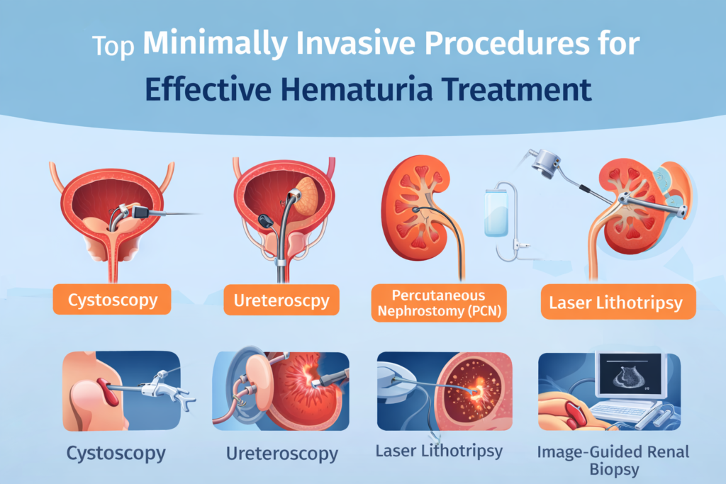Infographic showing minimally invasive procedures for hematuria treatment including cystoscopy, ureteroscopy, PCN, laser lithotripsy, and renal biopsy.