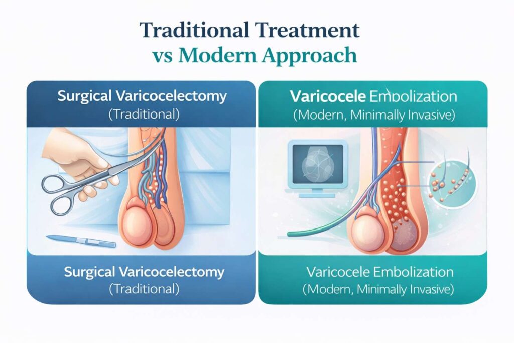 Varicocele treatment comparison showing surgical and embolization procedures.