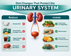 Urinary system diet infographic showing foods to reduce and include for better kidney health.