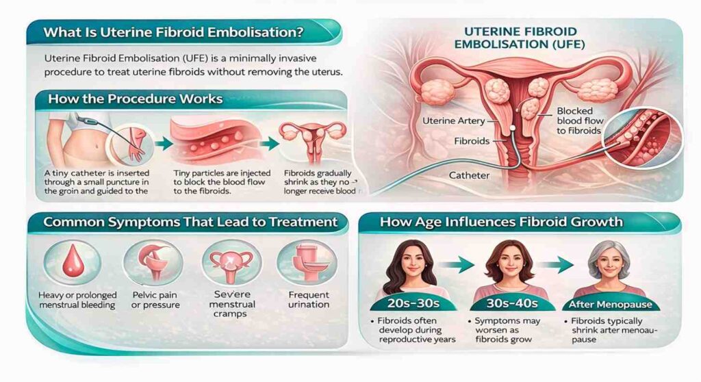 UFE infographic showing procedure, symptoms, and age related fibroid growth.